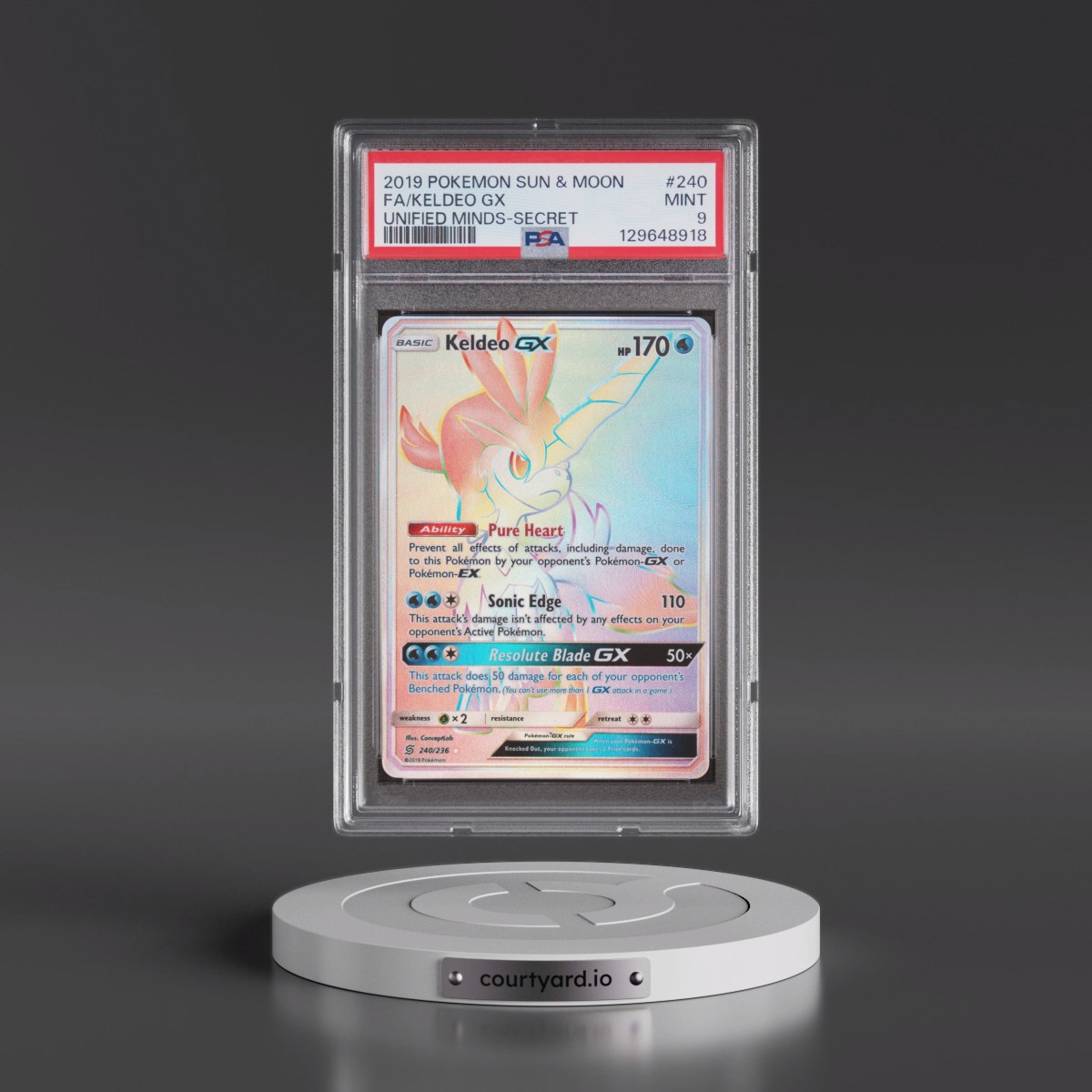 2019 Pokémon Sun & Moon Unified Minds #240 Keldeo GX - Holo Full Art Secret (PSA 9 MINT)
