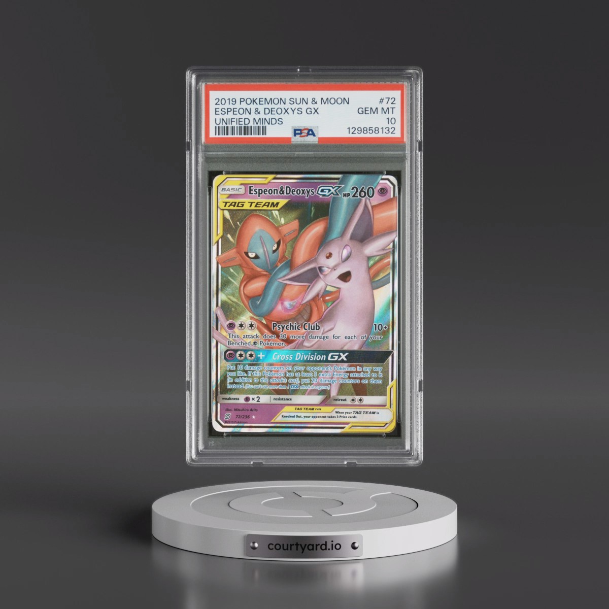 2019 Pokémon Sun & Moon Unified Minds #72 Espeon & Deoxys GX - Holo (PSA 10 GEM MINT)