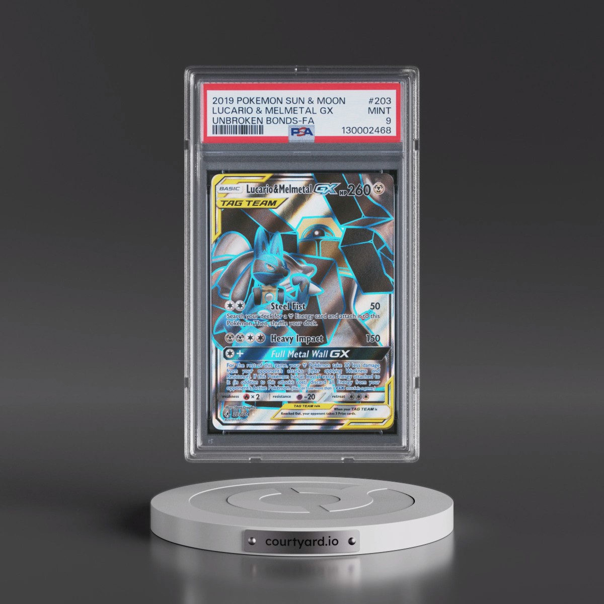 2019 Pokémon Sun & Moon Unbroken Bonds #203 Lucario & Melmetal GX - Holo Full Art (PSA 9 MINT)
