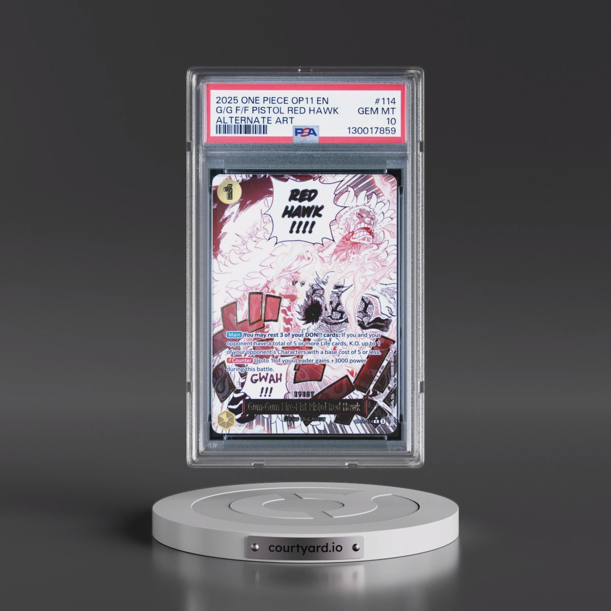 2025 One Piece OP11-A Fist of Divine Speed #114 Gum-Gum Fire-Fist Pistol Red Hawk - Alternate Art (PSA 10 GEM MINT)