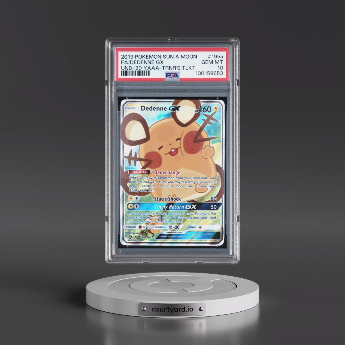 2019 Pokémon Sun & Moon Unbroken Bonds #195a Dedenne GX - Holo Full Art 2020 Yellow A Alternate Art Trainer's Toolkit (PSA 10 GEM MINT)