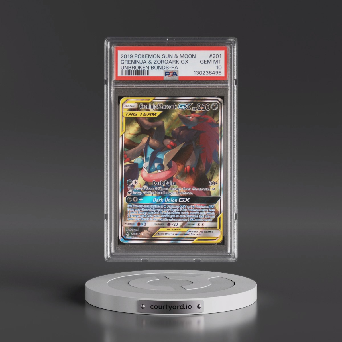 2019 Pokémon Sun & Moon Unbroken Bonds Greninja & Zoroark GX - Holo Full Art #201 PSA 10