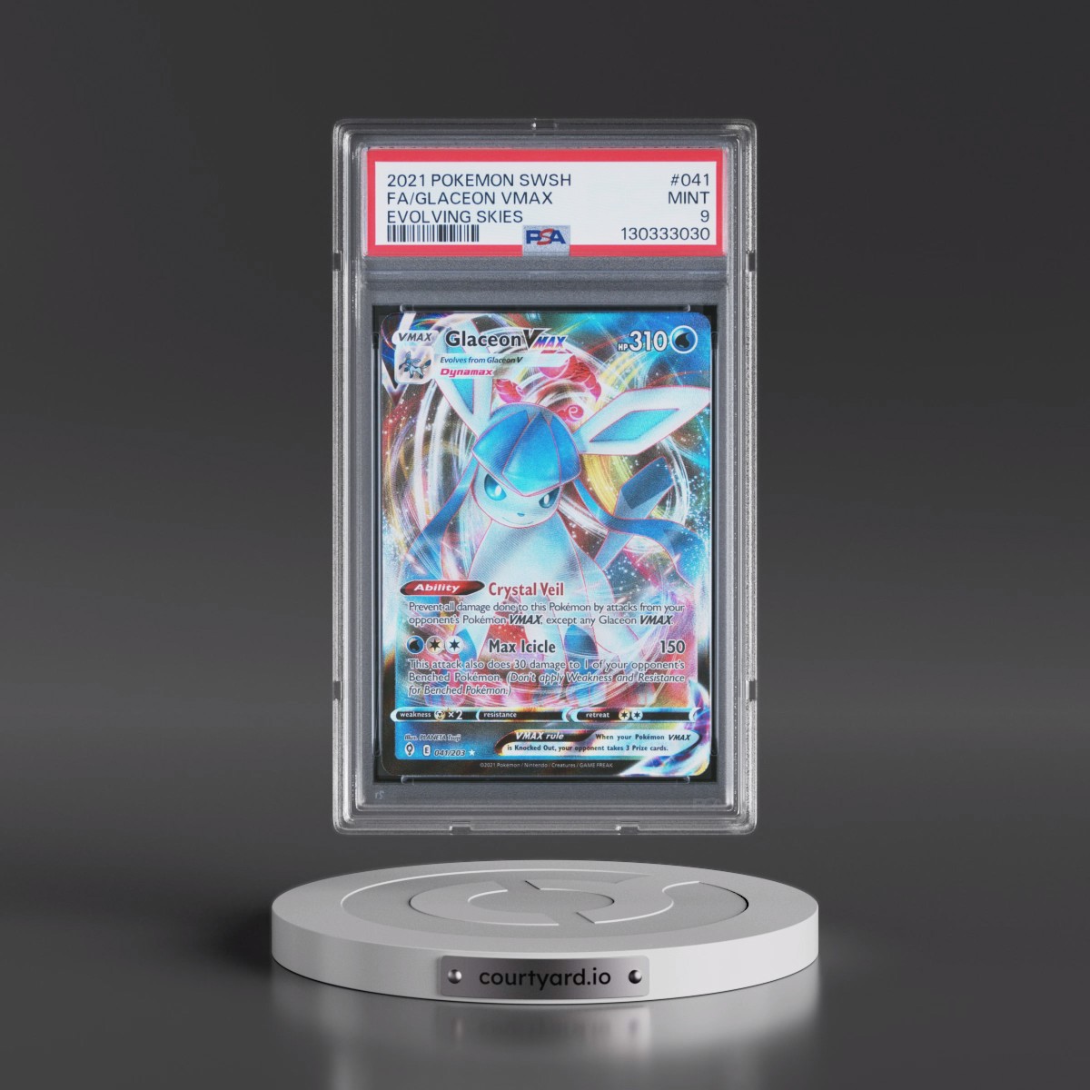 2021 Pokémon Sword & Shield Evolving Skies #041 Glaceon Vmax - Full Art (PSA 9 MINT)