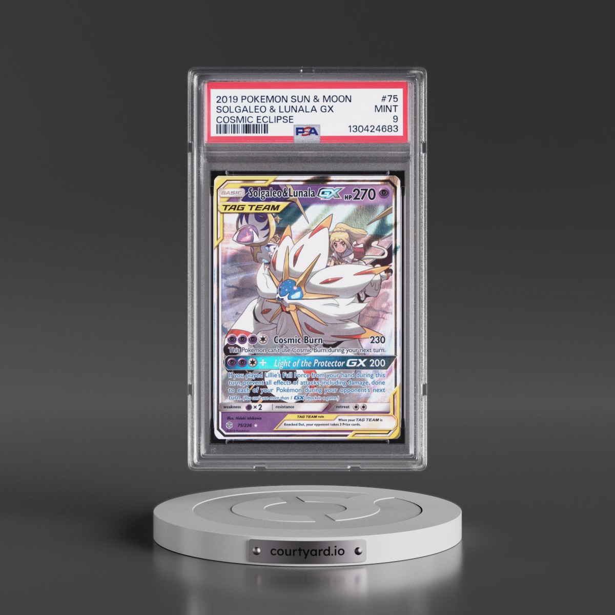 2019 Pokémon Sun & Moon Cosmic Eclipse #75 Solgaleo & Lunala GX - Holo (PSA 9 MINT)