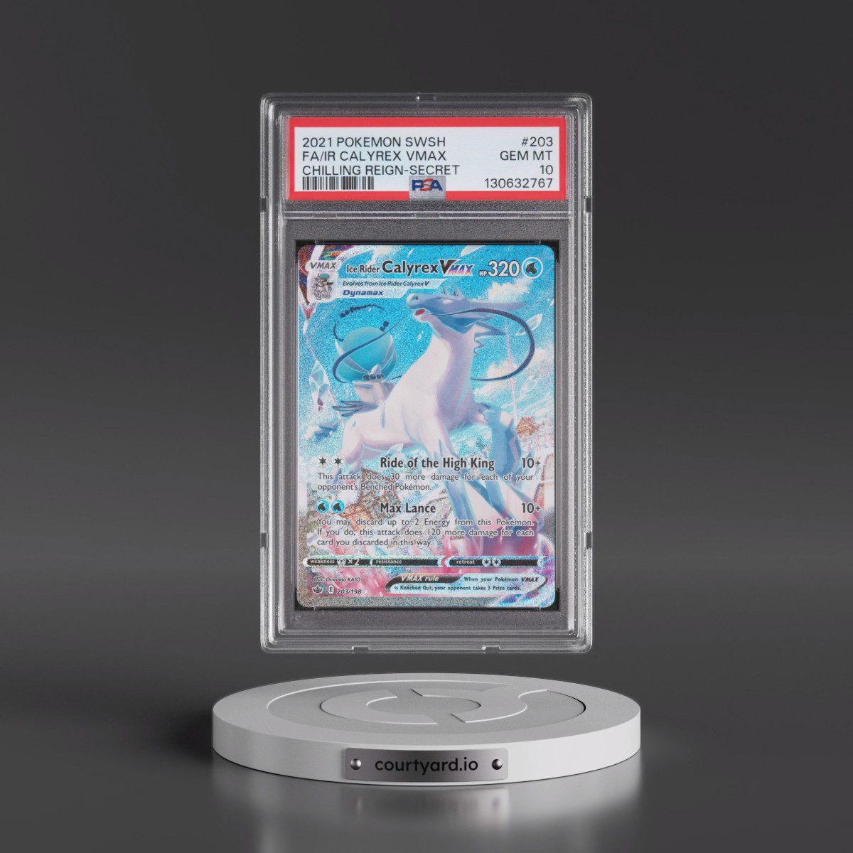 2021 Pokémon Sword & Shield Chilling Reign #203 Ice Rider Calyrex Vmax - Full Art Secret (PSA 10 GEM MINT)