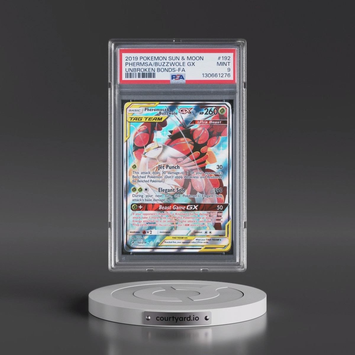 2019 Pokémon Sun & Moon Unbroken Bonds #192 Pheromosa & Buzzwole GX - Holo Full Art (PSA 9 MINT)