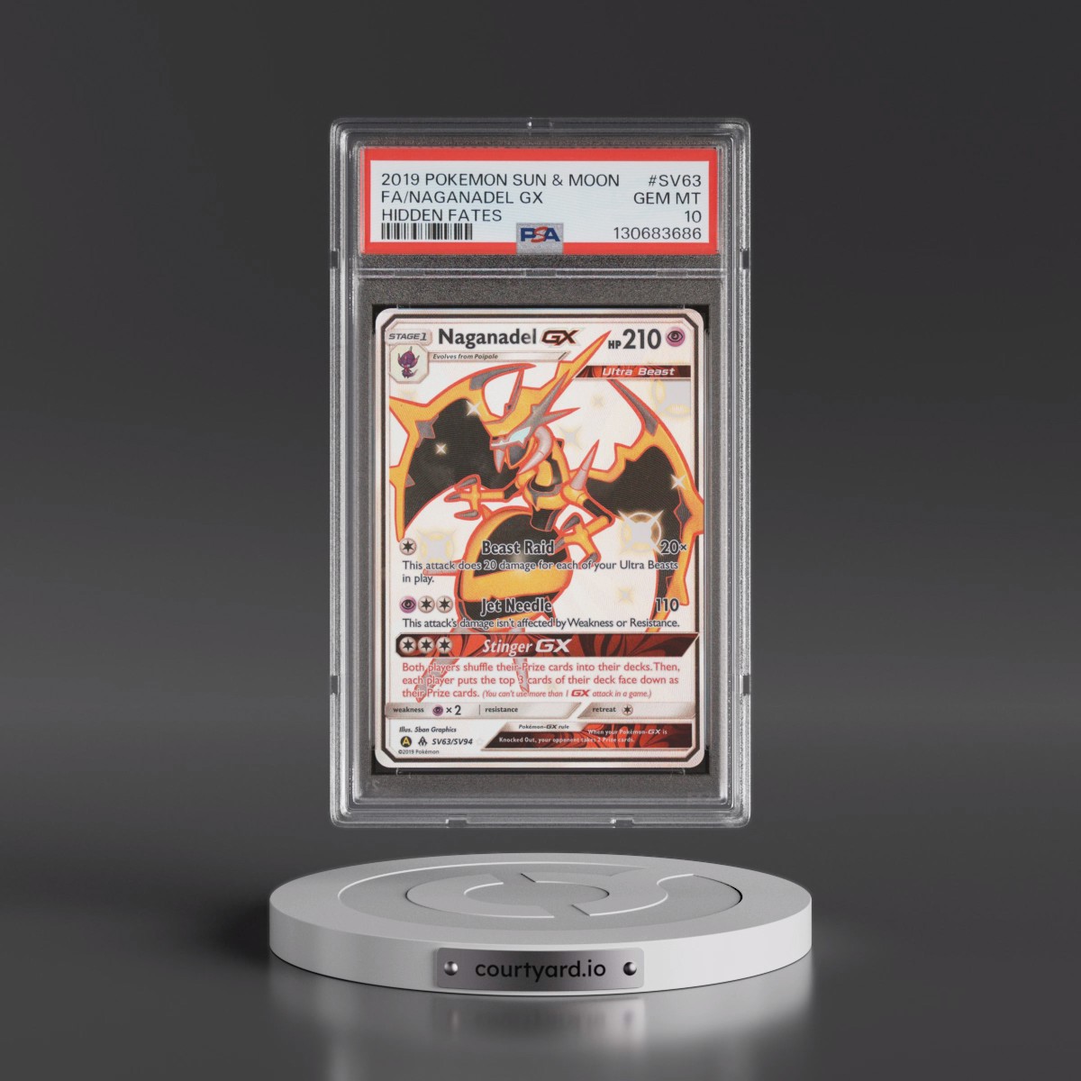 2019 Pokémon Sun & Moon Hidden Fates #SV63 Naganadel GX - Holo Full Art (PSA 10 GEM MINT)
