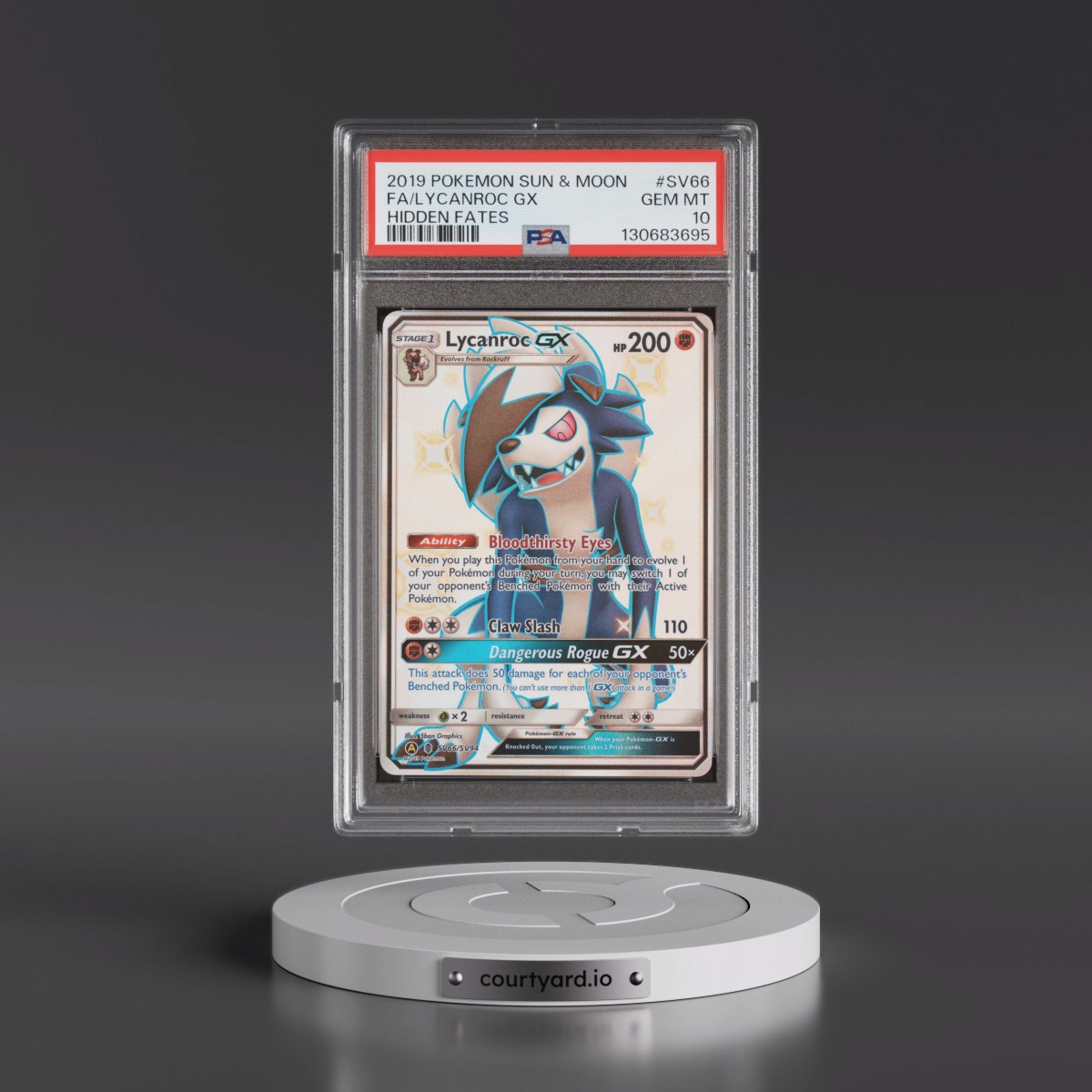 2019 Pokémon Sun & Moon Hidden Fates #SV66 Lycanroc GX - Holo Full Art (PSA 10 GEM MINT)