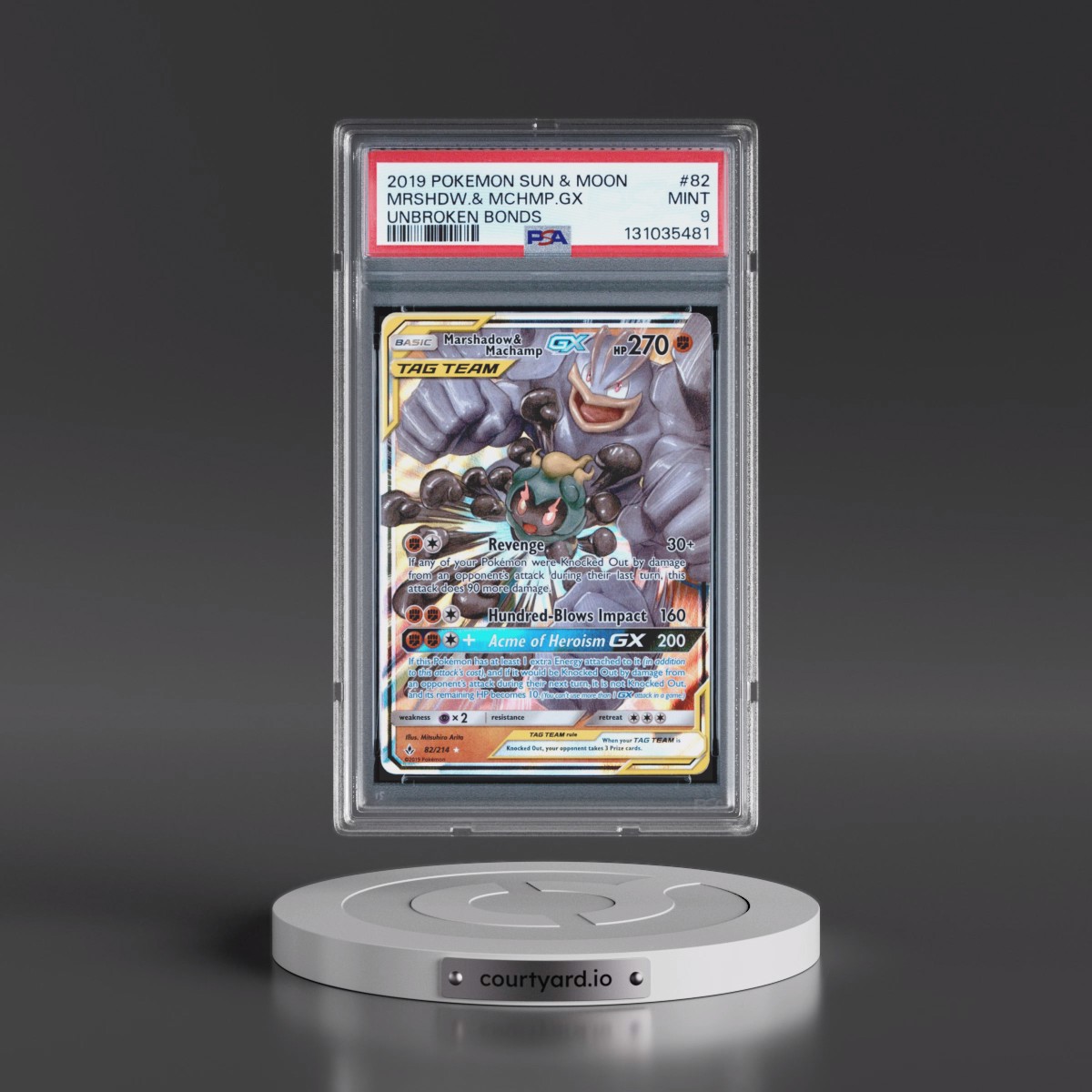 2019 Pokémon Sun & Moon Unbroken Bonds #82 Marshadow & Machamp GX - Holo (PSA 9 MINT)