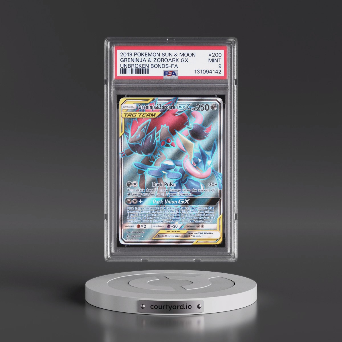 2019 Pokémon Sun & Moon Unbroken Bonds #200 Greninja & Zoroark GX - Holo Full Art (PSA 9 MINT)