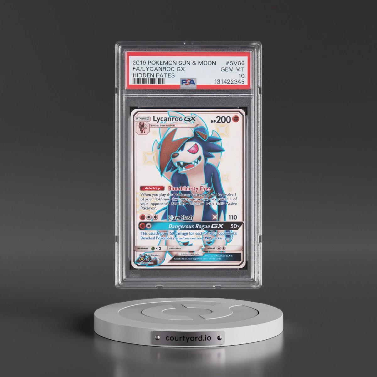 2019 Pokémon Sun & Moon Hidden Fates #SV66 Lycanroc GX - Holo Full Art (PSA 10 GEM MINT)