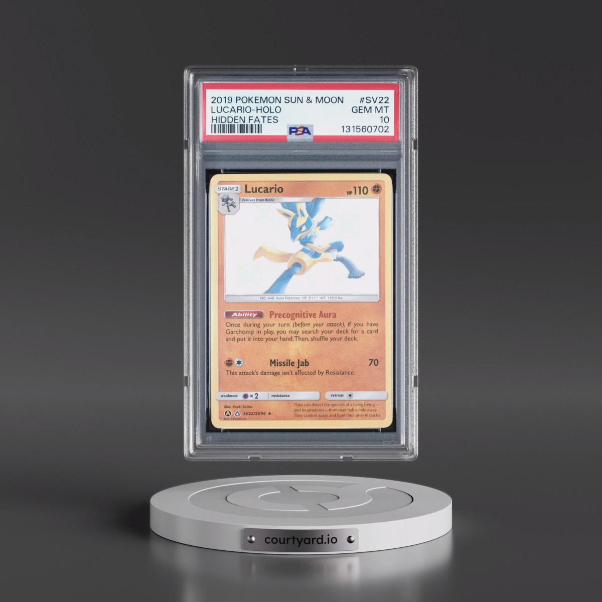 2019 Pokémon Sun & Moon Hidden Fates #SV22 Lucario - Holo (PSA 10 GEM MINT)