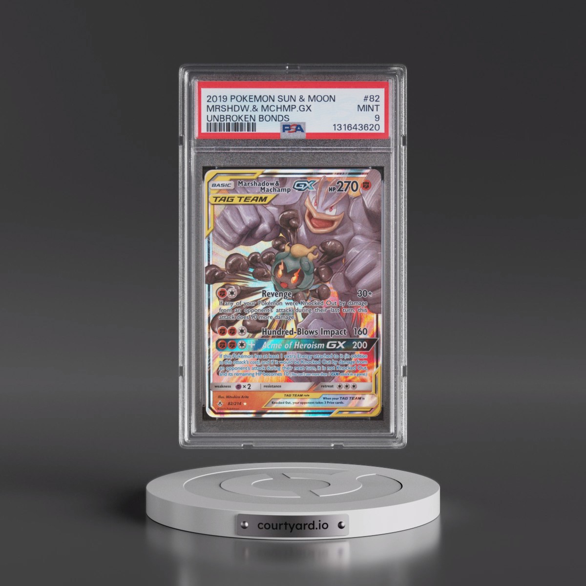 2019 Pokémon Sun & Moon Unbroken Bonds #82 Marshadow & Machamp GX - Holo (PSA 9 MINT)