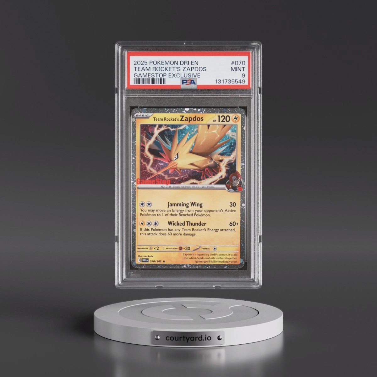 2025 Pokémon Dri EN-Destined Rivals #070 Team Rocket's Zapdos - Gamestop Exclusive (PSA 9 MINT)