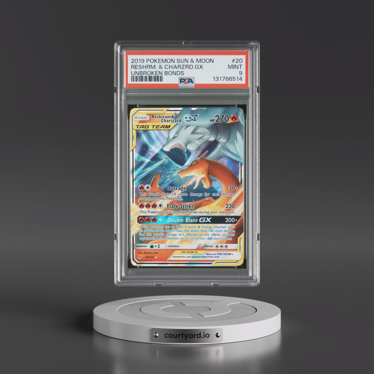 2019 Pokémon Sun & Moon Unbroken Bonds #20 Reshiram & Charizard GX - Holo (PSA 9 MINT)