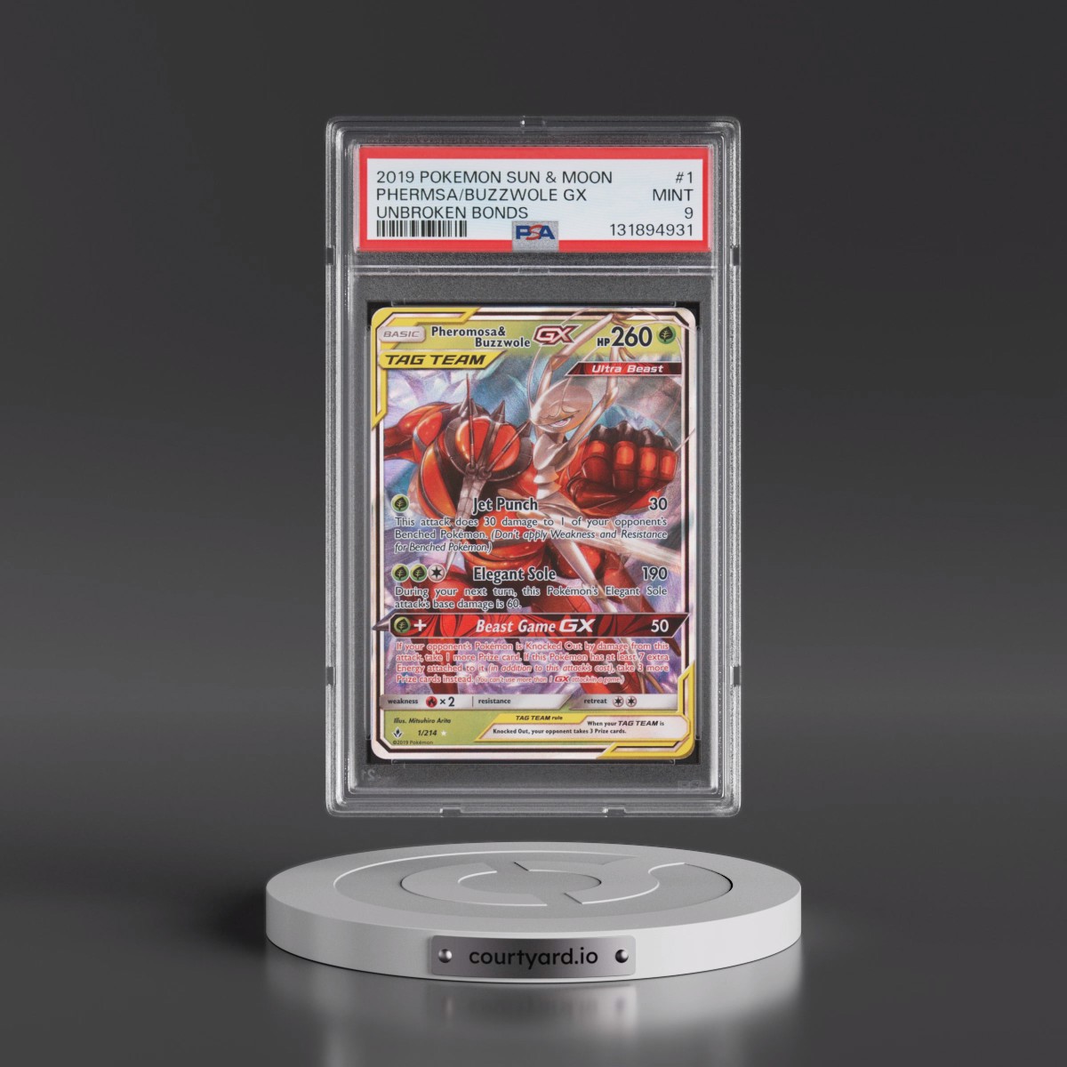 2019 Pokémon Sun & Moon Unbroken Bonds #1 Pheromosa & Buzzwole GX - Holo (PSA 9 MINT)