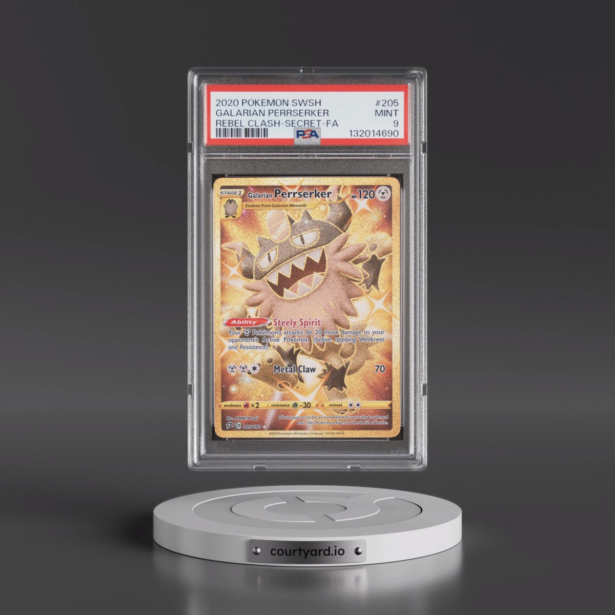 2020 Pokémon Sword & Shield Rebel Clash #205 Galarian Perrserker - Full Art Secret (PSA 9 MINT)
