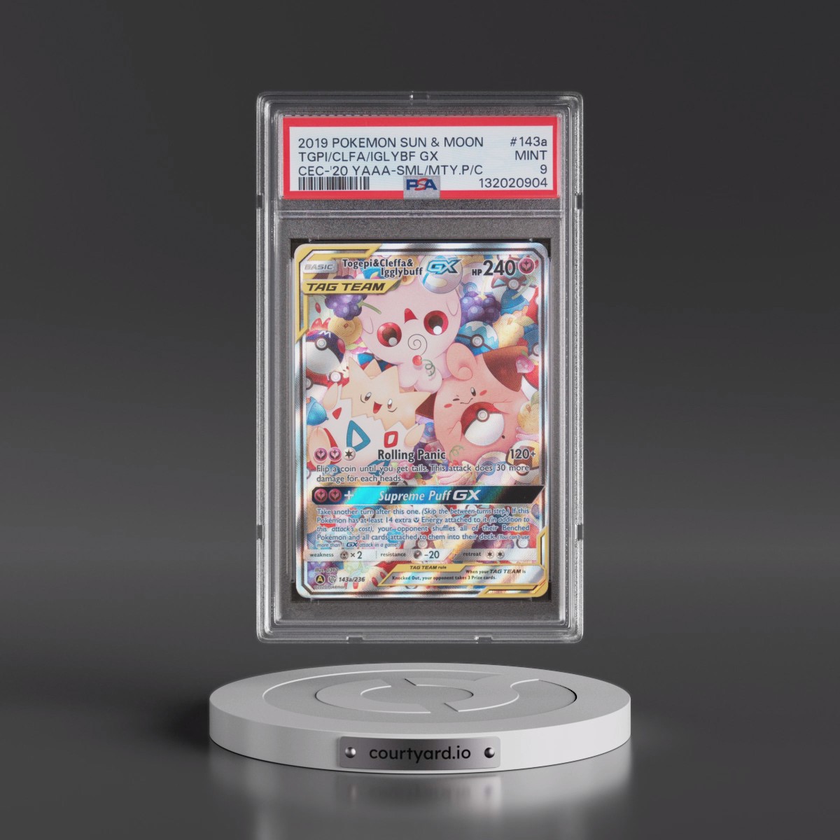 2019 Pokémon Sun & Moon Cosmic Eclipse #143a Togepi & Cleffa & Igglybuff GX - Holo 2020 Yellow A Alternate Art Small But Mighty Premium Collection (PSA 9 MINT)