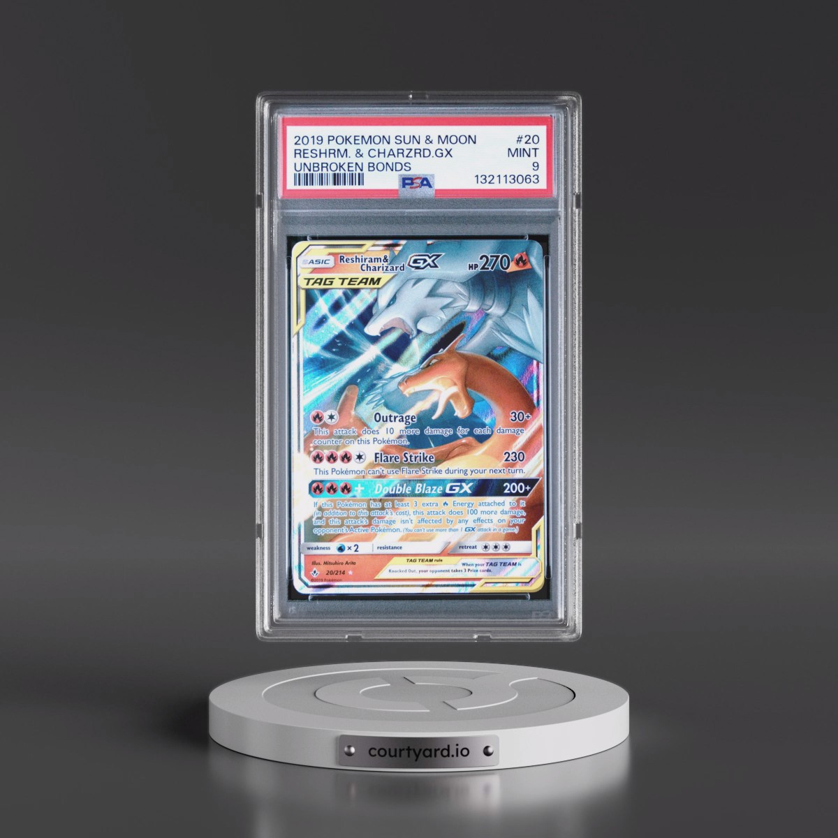 2019 Pokémon Sun & Moon Unbroken Bonds #20 Reshiram & Charizard GX - Holo (PSA 9 MINT)