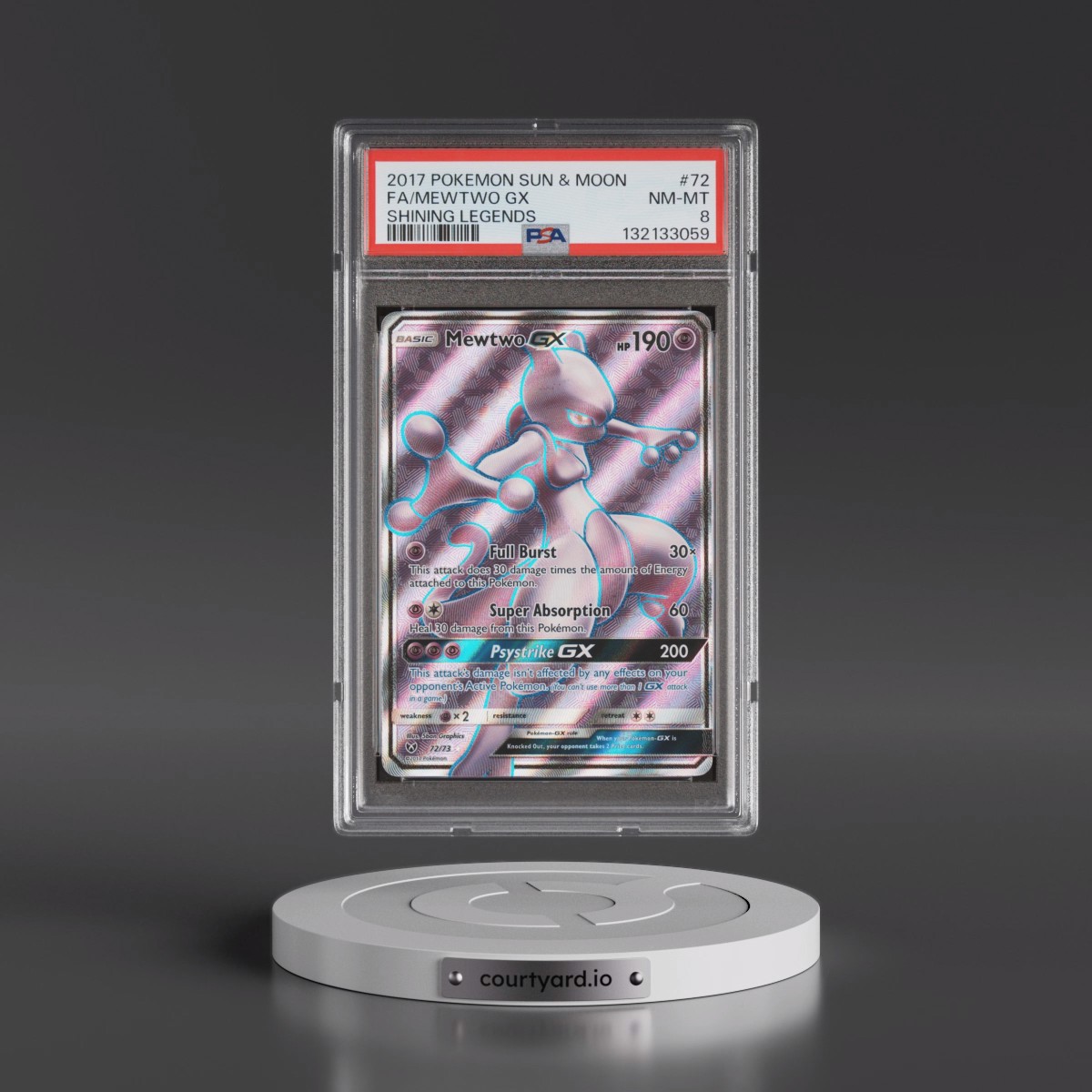 2017 Pokémon Sun & Moon Shining Legends Mewtwo GX - Holo Full Art #72 PSA 8