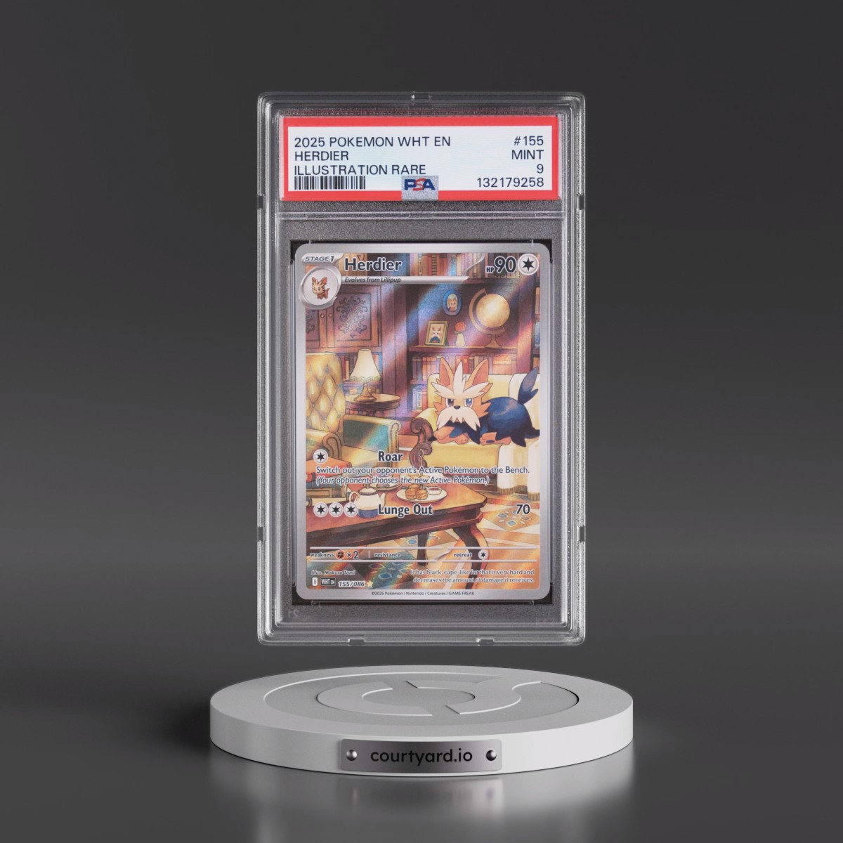 2025 Pokémon Wht EN-White Flare #155 Herdier - Illustration Rare (PSA 9 MINT)