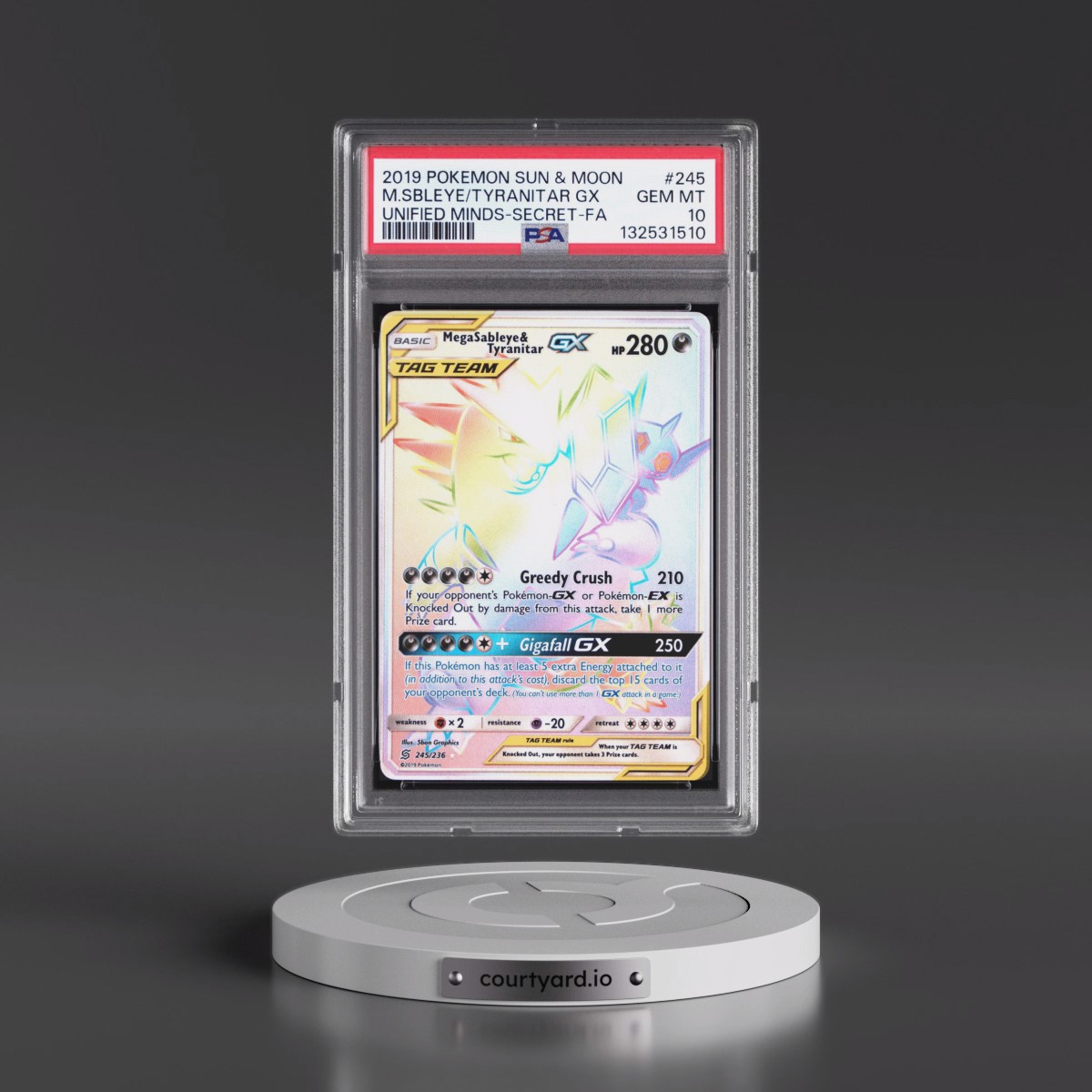 2019 Pokémon Sun & Moon Unified Minds #245 Mega Sableye & Tyranitar GX - Holo Full Art Secret (PSA 10 GEM MINT)