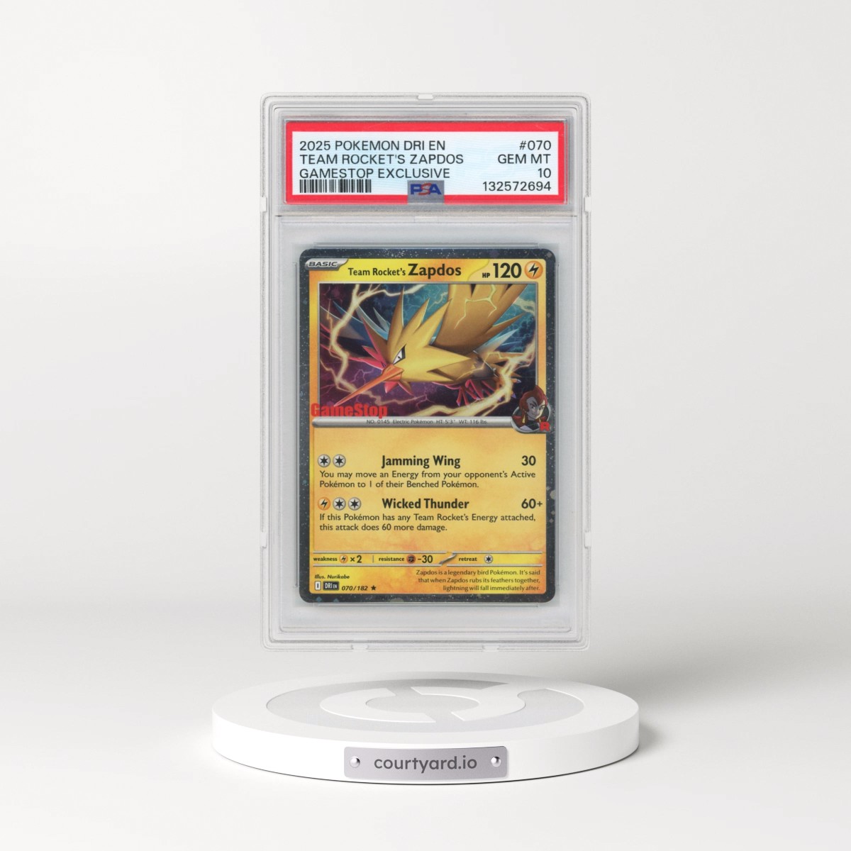 2025 Pokémon Dri EN-Destined Rivals #070 Team Rocket's Zapdos - Gamestop Exclusive (PSA 10 GEM MINT)
