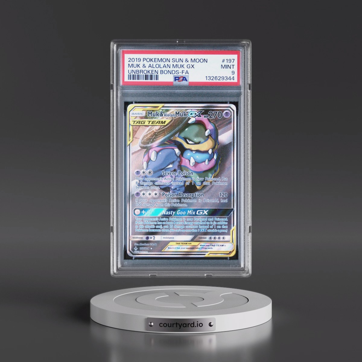 2019 Pokémon Sun & Moon Unbroken Bonds #197 Muk & Alolan Muk GX - Holo Full Art (PSA 9 MINT)