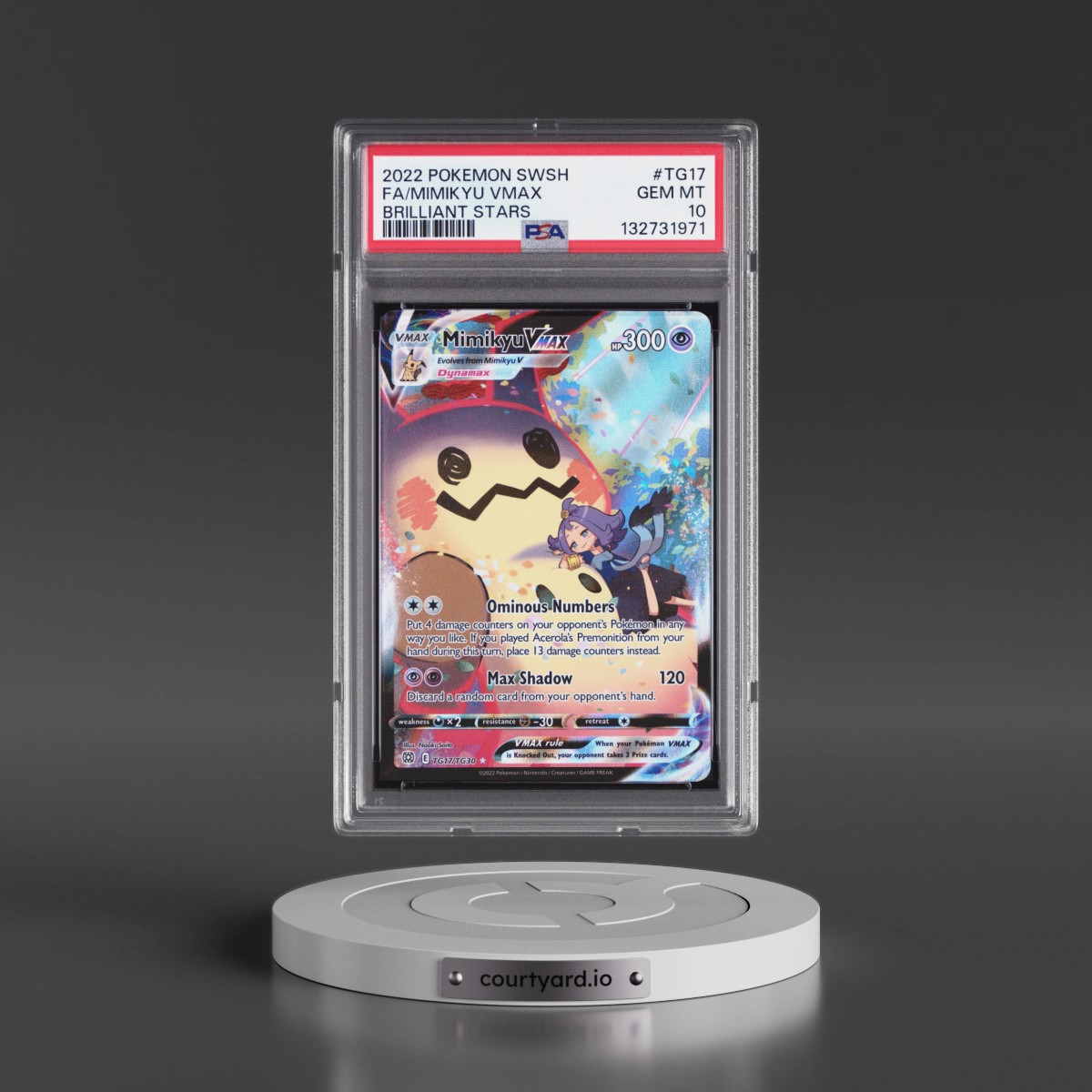 2022 Pokémon Sword & Shield Brilliant Stars #TG17 Mimikyu Vmax - Full Art (PSA 10 GEM MINT)
