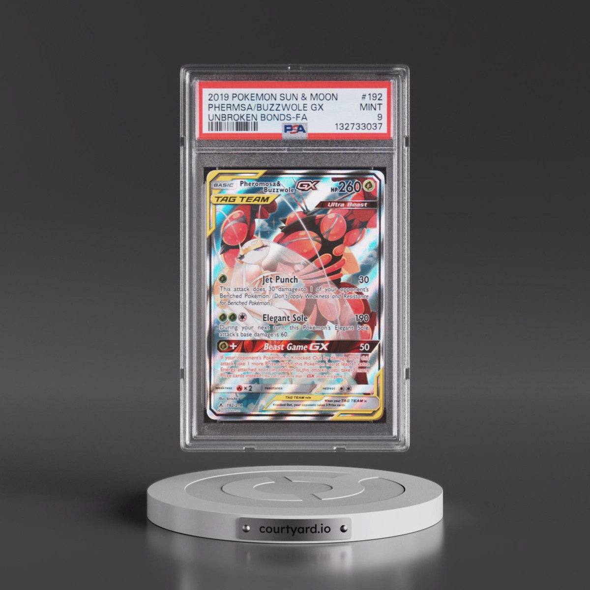 2019 Pokémon Sun & Moon Unbroken Bonds #192 Pheromosa & Buzzwole GX - Holo Full Art (PSA 9 MINT)