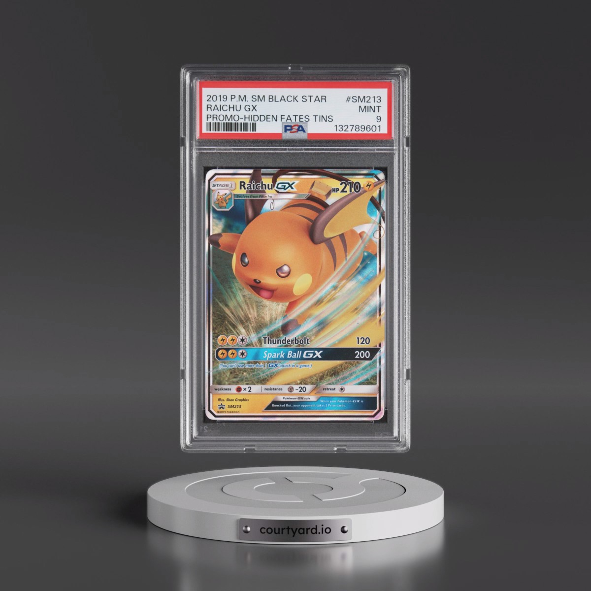 2019 Pokémon SM Black Star Promo #SM213 Raichu GX - Holo Hidden Fates Tins (PSA 9 MINT)