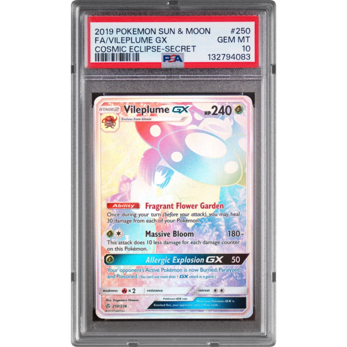 2019 Pokémon Sun & Moon Cosmic Eclipse #250 Vileplume GX - Holo Full Art Secret, PSA 10