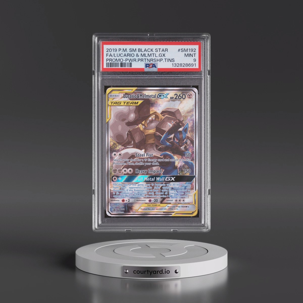 2019 Pokémon SM Black Star Promo #SM192 Lucario & Melmetal GX - Holo Full Art Power Partnership Tins (PSA 9 MINT)
