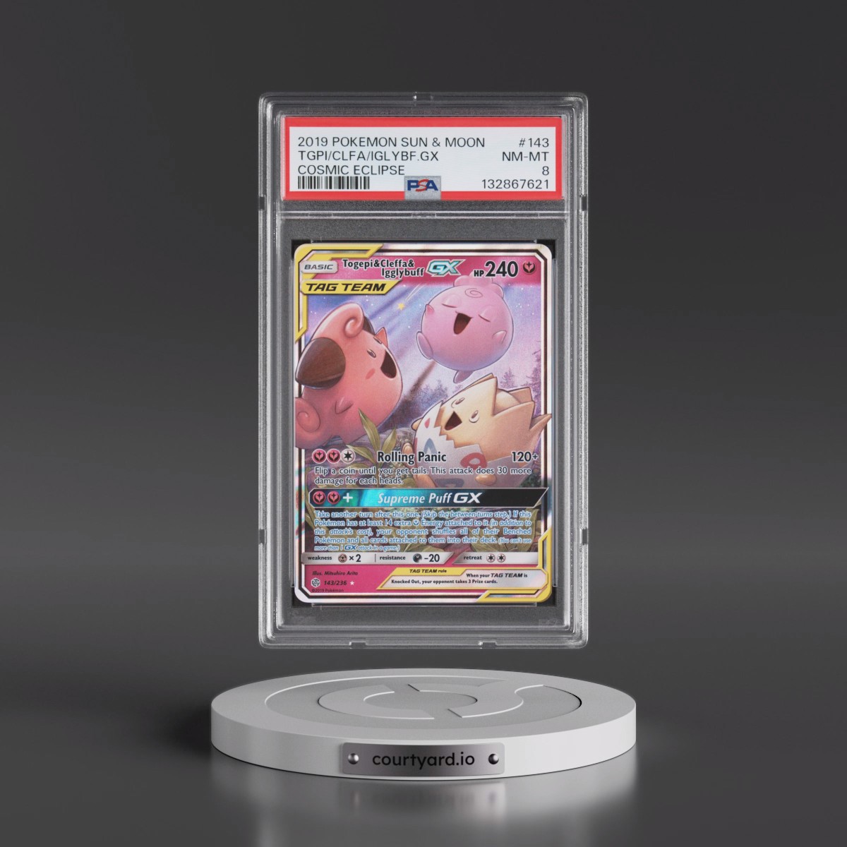 2019 Pokémon Sun & Moon Cosmic Eclipse #143 Togepi & Cleffa & Igglybuff GX - Holo (PSA 8 NM-MT)