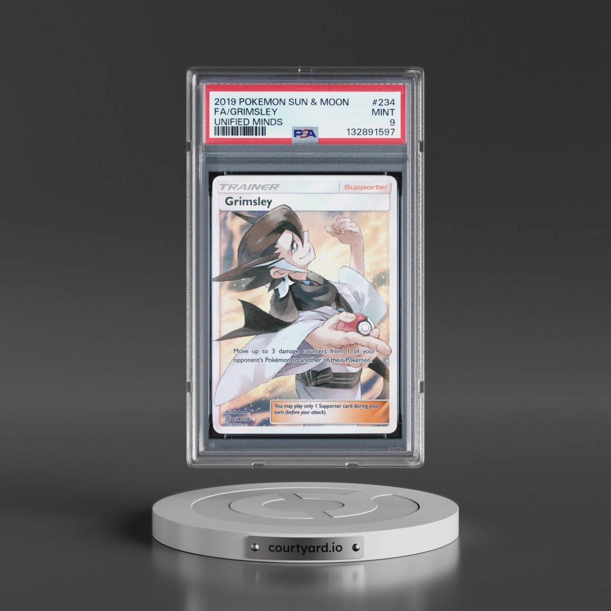 2019 Pokémon Sun & Moon Unified Minds #234 Grimsley - Full Art (PSA 9 MINT)