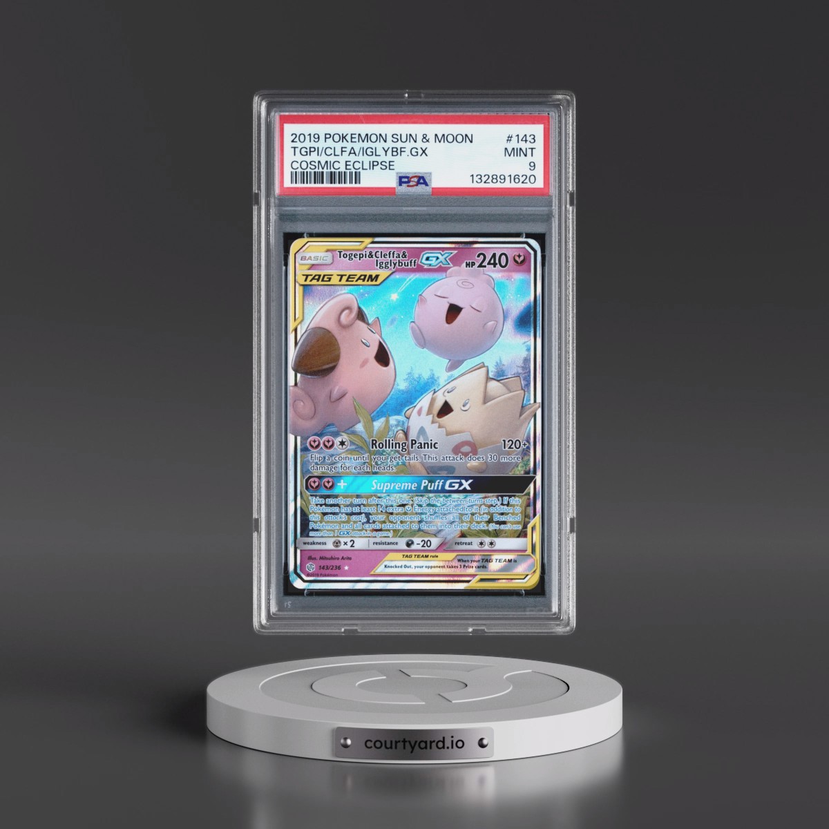 2019 Pokémon Sun & Moon Cosmic Eclipse #143 Togepi & Cleffa & Igglybuff GX - Holo (PSA 9 MINT)