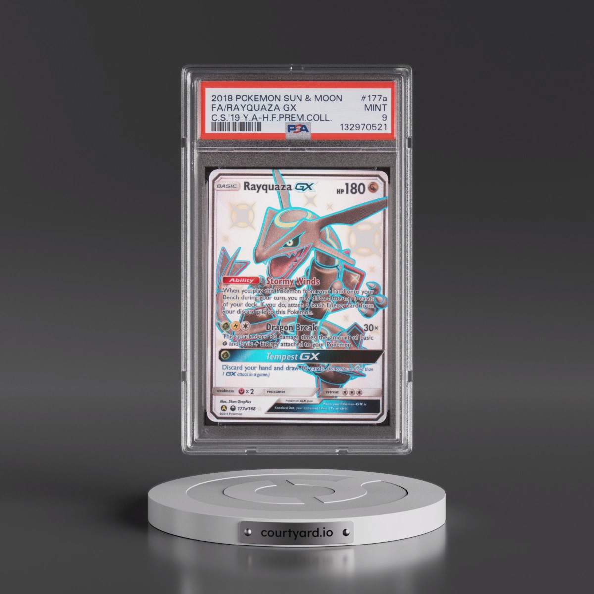 2018 Pokémon Sun & Moon Celestial Storm #177a Rayquaza GX - Holo Full Art 2019 Yellow A Hidden Fates Premium Collection (PSA 9 MINT)