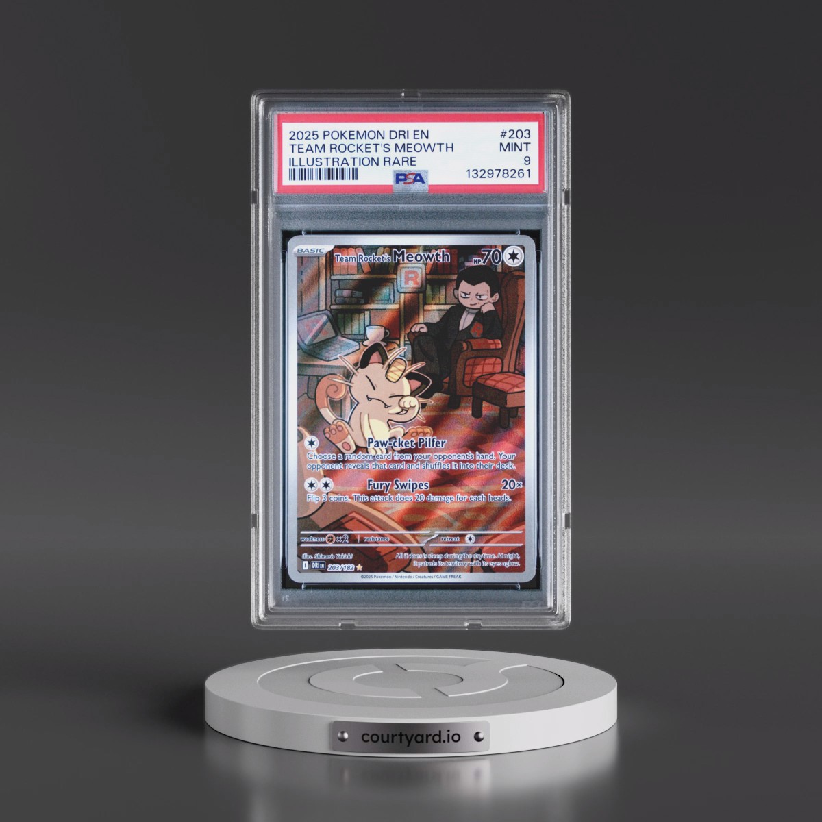 2025 Pokémon Dri EN-Destined Rivals #203 Team Rocket's Meowth - Illustration Rare (PSA 9 MINT)
