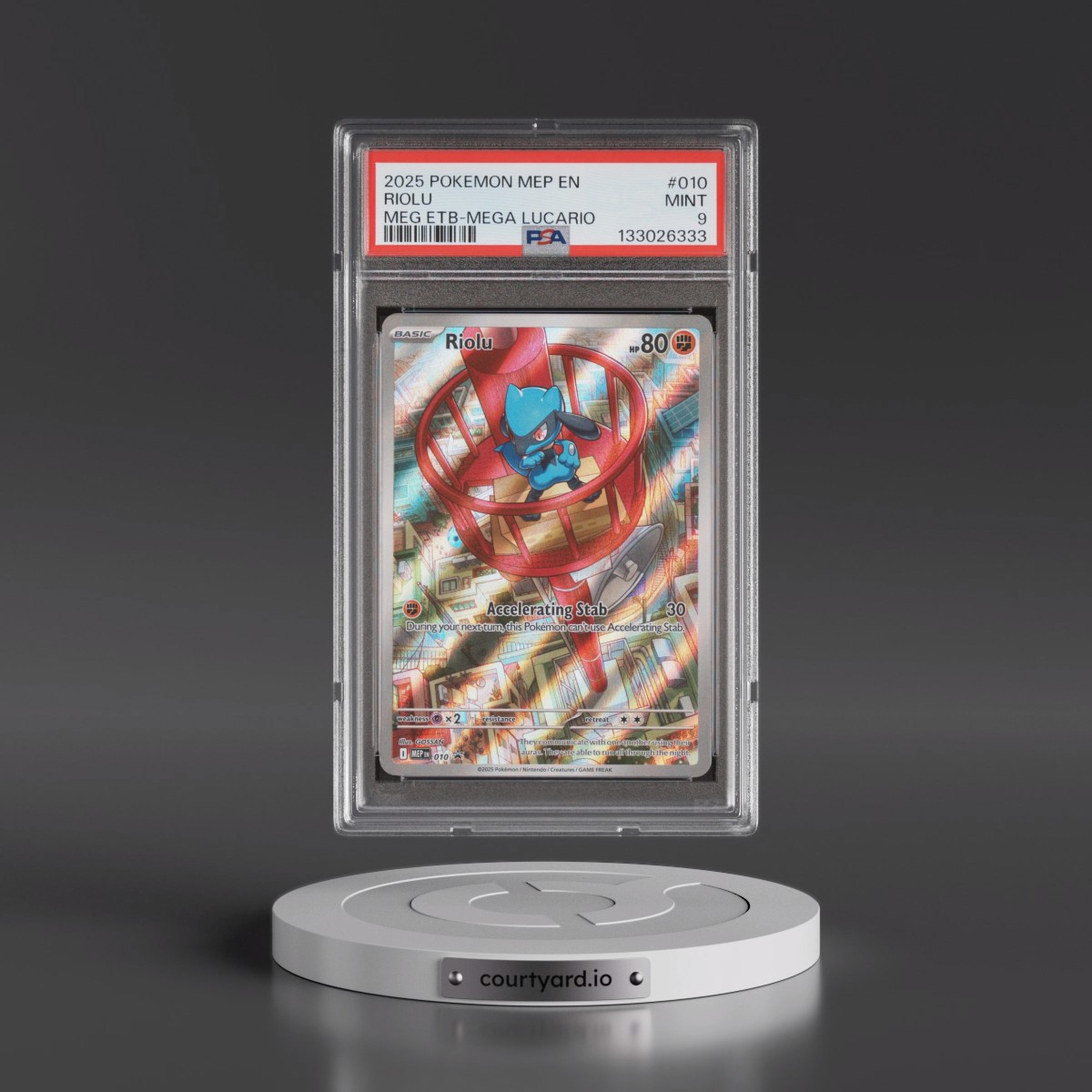 2025 Pokémon Mep EN-Me Black Star Promo #010 Riolu - Mega Evolution Elite Trainer Box-Mega Lucario (PSA 9 MINT)