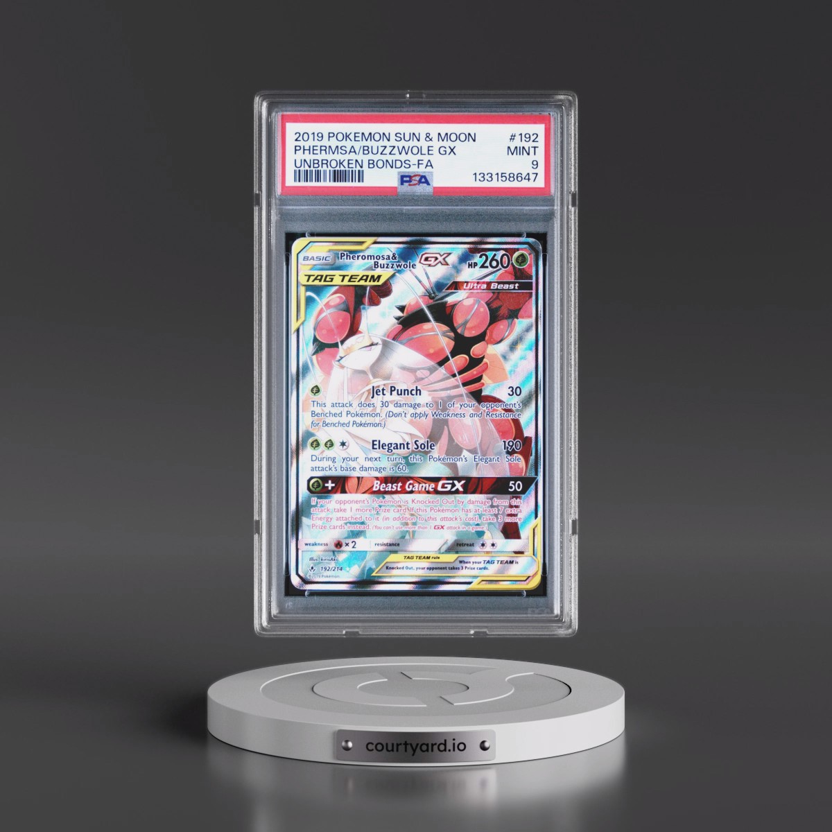 2019 Pokémon Sun & Moon Unbroken Bonds #192 Pheromosa & Buzzwole GX - Holo Full Art (PSA 9 MINT)