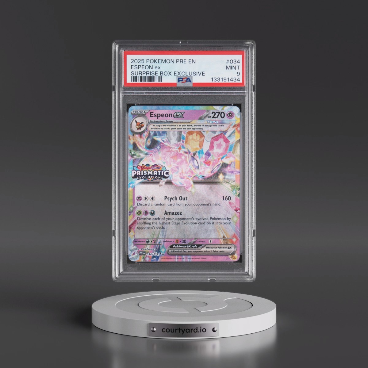 2025 Pokémon Pre EN-Prismatic Evolutions #034 Espeon EX - Holo Surprise Box Exclusive (PSA 9 MINT)