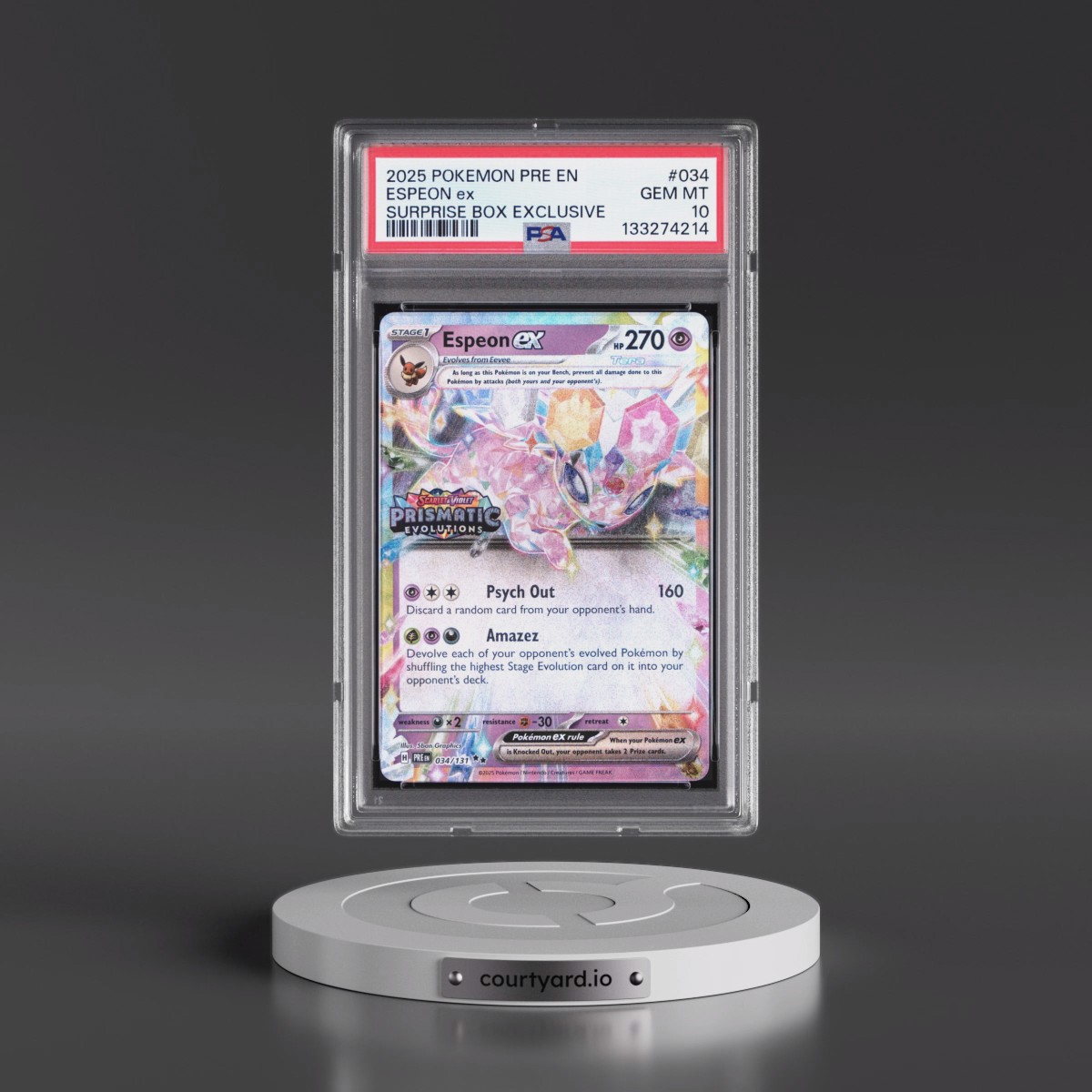 2025 Pokémon Pre EN-Prismatic Evolutions #034 Espeon EX - Holo Surprise Box Exclusive (PSA 10 GEM MINT)