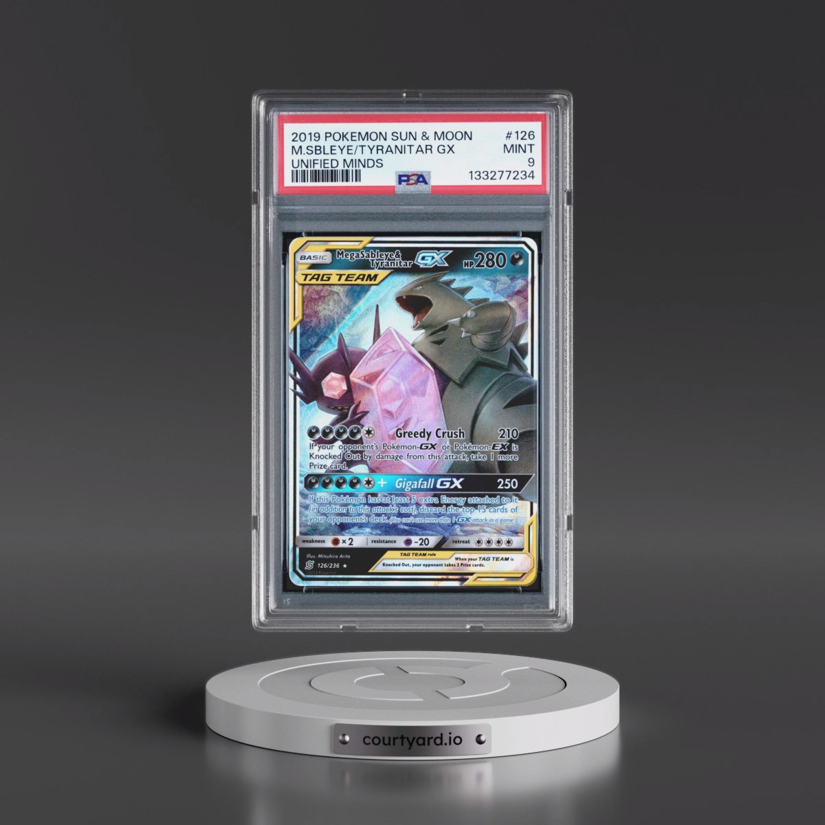 2019 Pokémon Sun & Moon Unified Minds #126 Mega Sableye & Tyranitar GX - Holo (PSA 9 MINT)