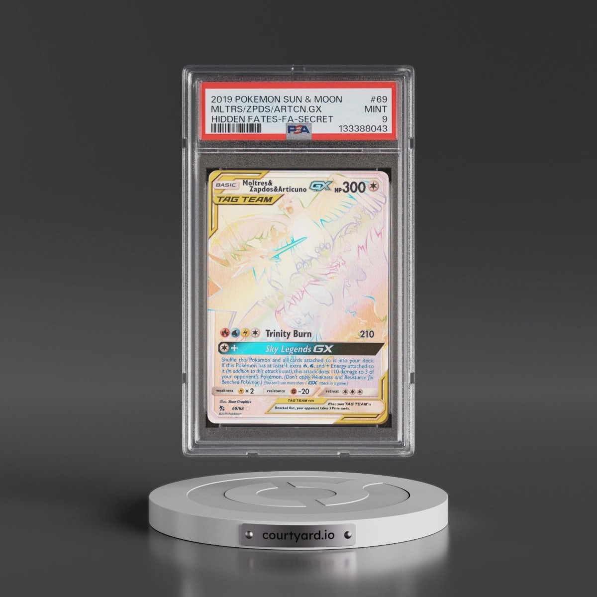 2019 Pokémon Sun & Moon Hidden Fates #69 Moltres & Zapdos & Articuno GX - Holo Full Art Secret (PSA 9 MINT)