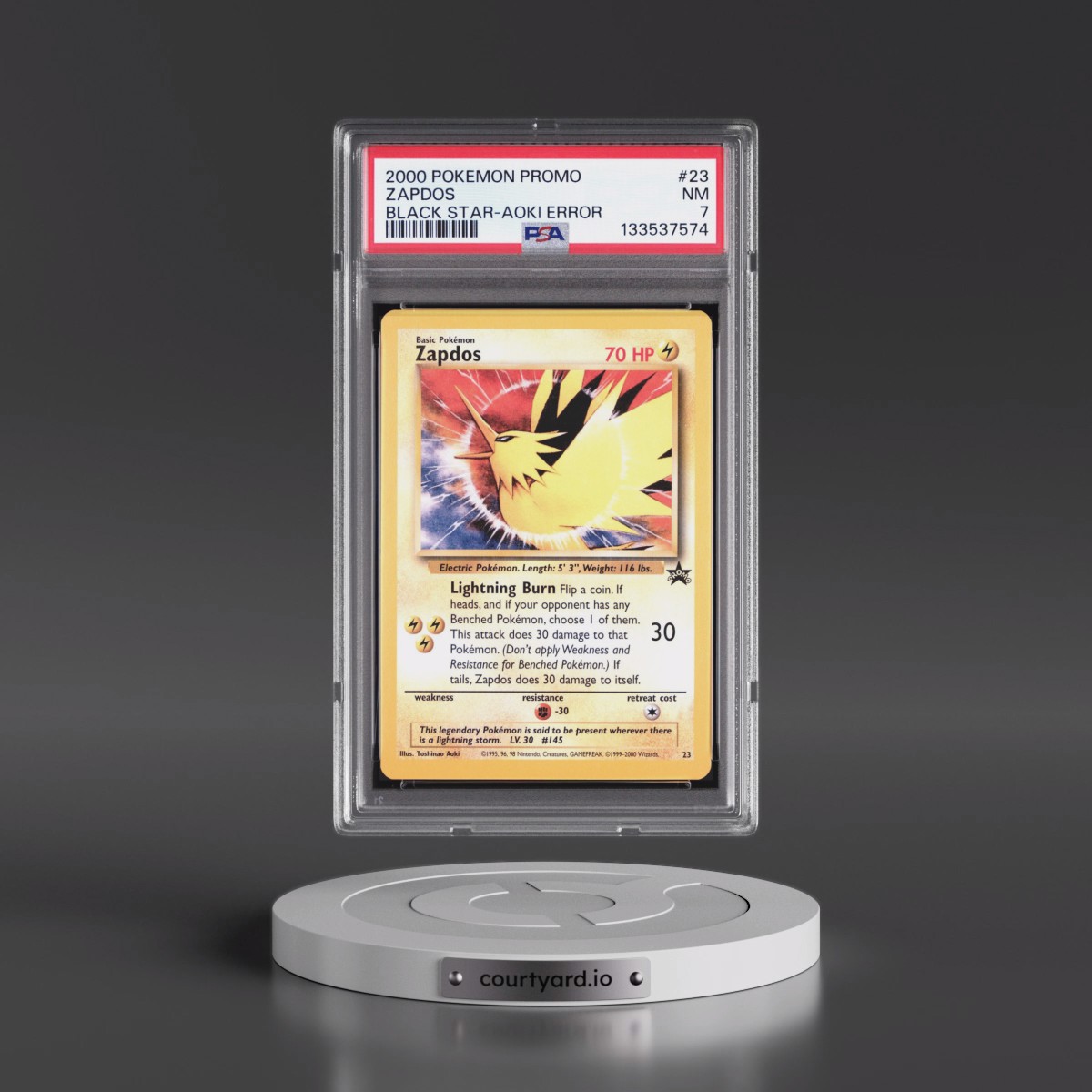 2000 Pokémon Promo Black Star #23 Zapdos - Toshinao Aoki Error (PSA 7 NM)