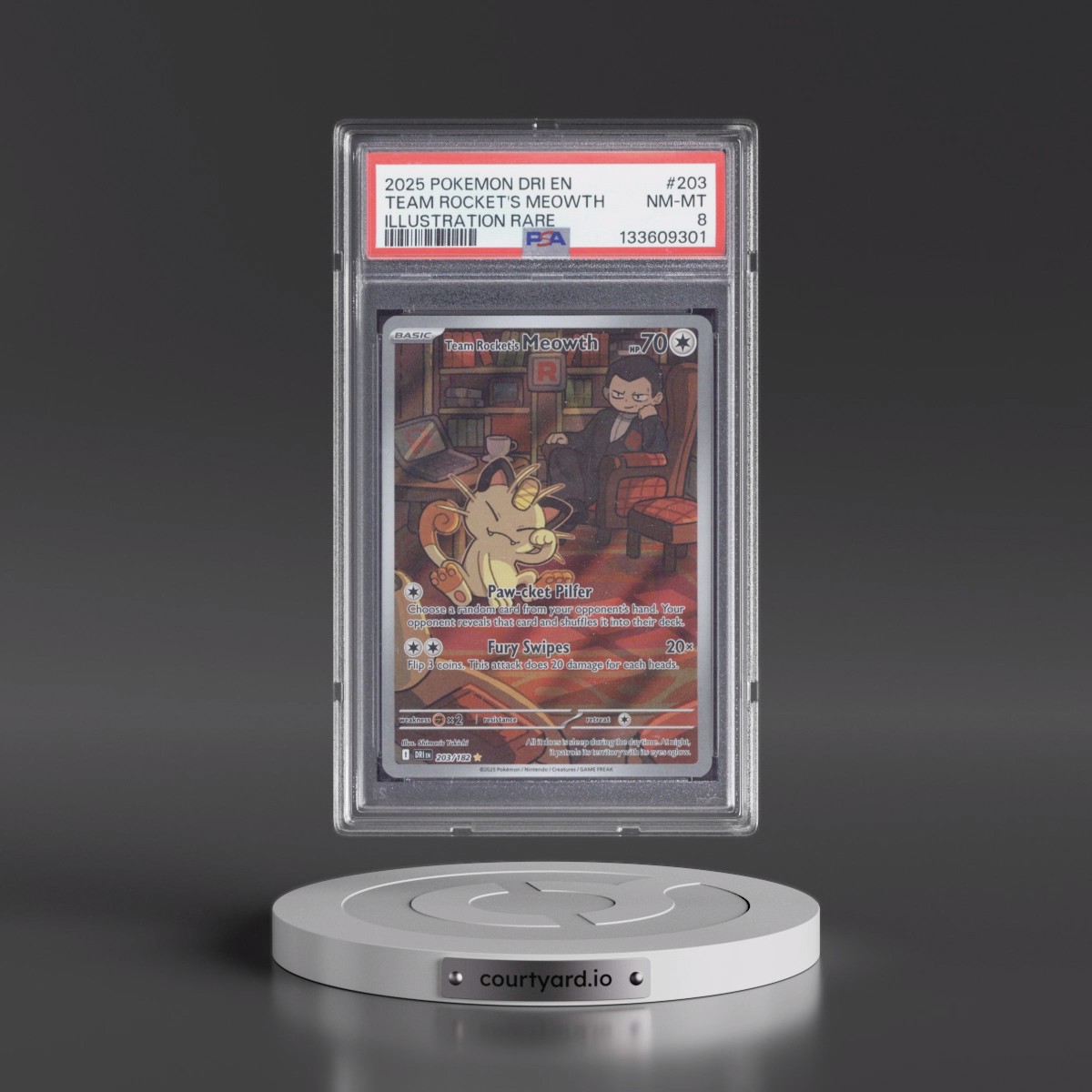 2025 Pokémon Dri EN-Destined Rivals #203 Team Rocket's Meowth - Illustration Rare (PSA 8 NM-MT)