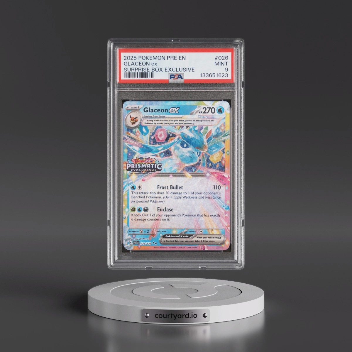 2025 Pokémon Pre EN-Prismatic Evolutions #026 Glaceon EX - Holo Surprise Box Exclusive (PSA 9 MINT)