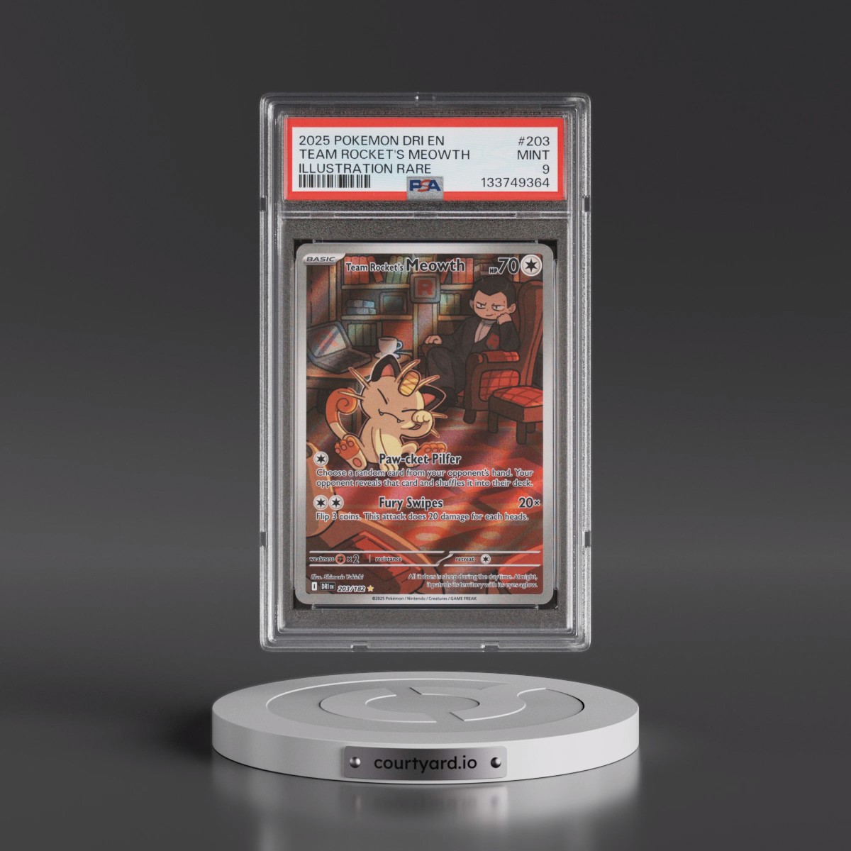 2025 Pokémon Dri EN-Destined Rivals #203 Team Rocket's Meowth - Illustration Rare (PSA 9 MINT)