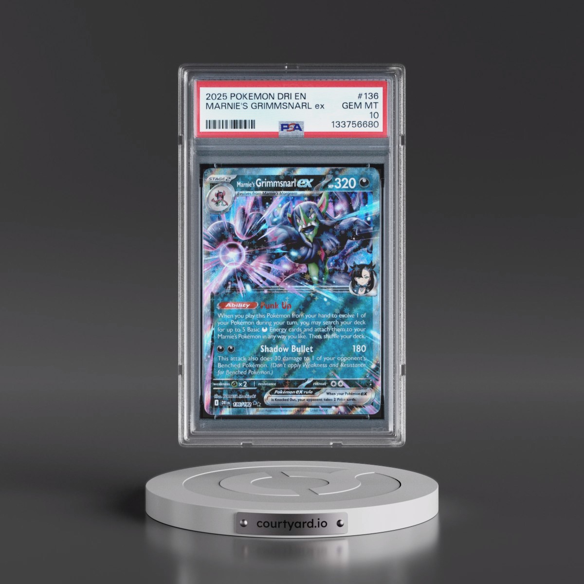 2025 Pokémon Dri EN-Destined Rivals #136 Marnie's Grimmsnarl EX - Holo (PSA 10 GEM MINT)