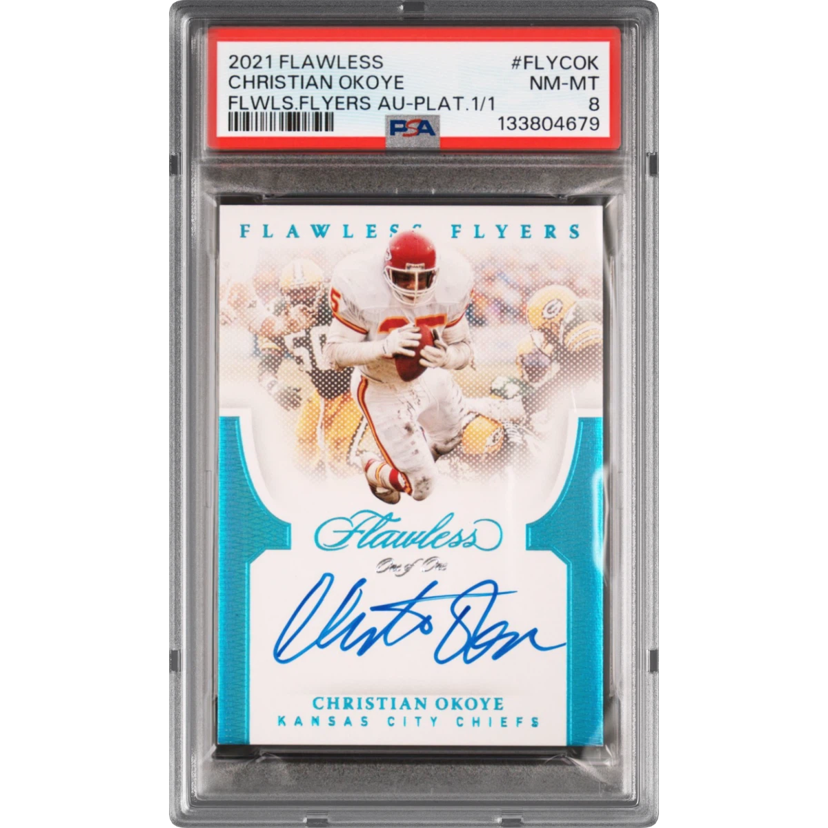 2021 Panini Flawless Flawless Flyers Autographs #FLYCOK Christian Okoye - Platinum 1/1 (PSA 8 NM-MT)